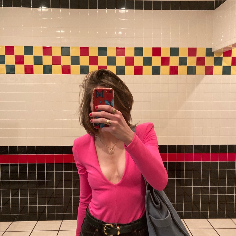 NYE!! Hot pink barbie villain deep v-neck zara bodysuit